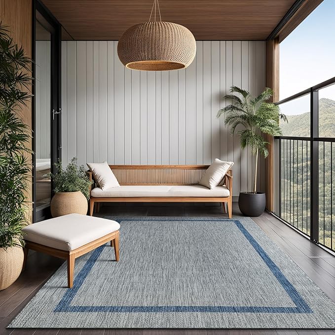Bordered Outdoor Rug 5x7 Washable Outside Carpet for Indoor Patio Porch Waterproof Easy Cleaning Non Shedding Area Rugs Silver Gray - Blue 5 x 7