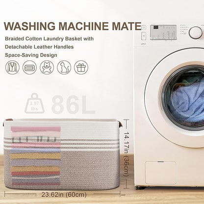 86L Extra Large Laundry Basket with Leather Handles for Living Room Storage, Woven Rope Baskets for Blanket, Kids Toy, Gifts, Wicker Hamper for Bedroom Dirty Clothes, 24"x16"x14" White Brown