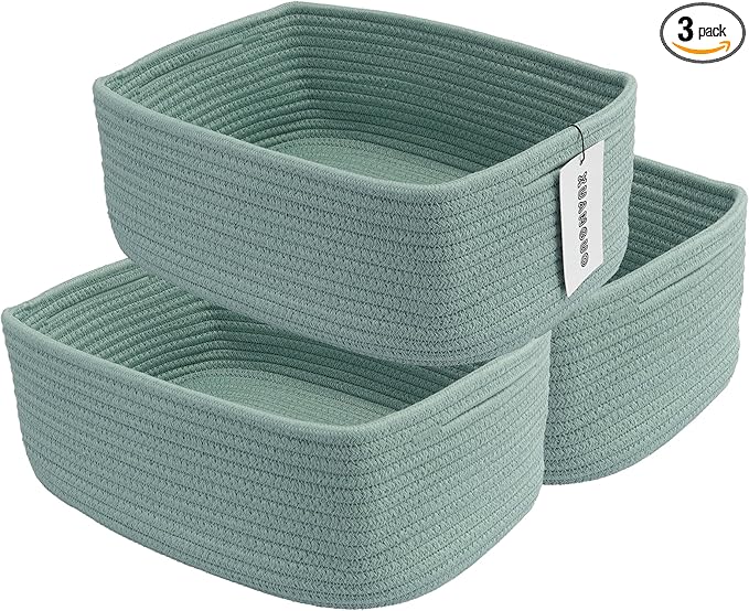Small Woven Storage Baskets 13“X9”X5“ Decorative Rope Bins for Organizing Shelves, Closets, and Toys, Empty Gift Baskets, Cute Organizer Basket for Home and Office (green, Large)