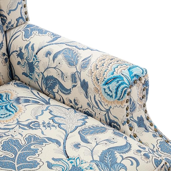UIXE High Back Floral Accent Chair, Fabric Upholstered Armchair for Living Room, Retro Printed Wingback Arm Chair Nailhead Trim Single Sofa Bedroom Reading Seat - Boho Blue