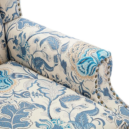 UIXE High Back Floral Accent Chair, Fabric Upholstered Armchair for Living Room, Retro Printed Wingback Arm Chair Nailhead Trim Single Sofa Bedroom Reading Seat - Boho Blue