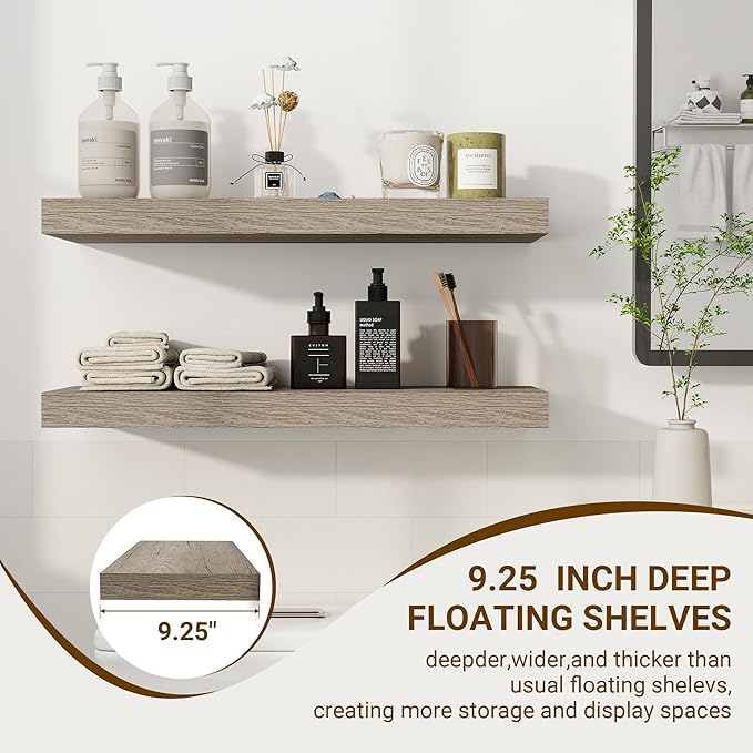 24 Inch Floating Shelves, 3D Textured Wood Grain, 24"x9.25"x1.5" Inch Deep Floating Shelves for Wall, Wooden Shelves for Bathroom, Bedroom, Living Room, Vintage Gray Oak, 2 Pieces