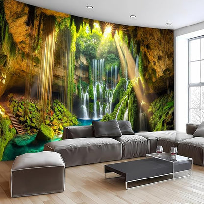 BSFHH Nature Tapestry Forest Tree Sea Cave Wall Hanging, Stream Through Rainforest Landscape Wall Art Tapestry for Bedroom Living room (Cave Waterfall, 110" × 87", Unframed)