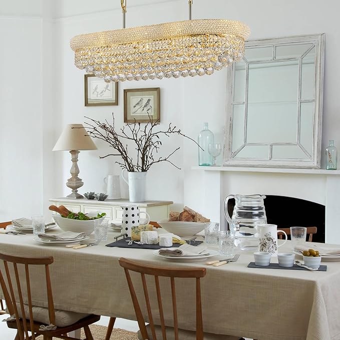 Rectangular Crystal Chandeliers for Dining Room,10 Lights Adjustable Height Oval Crystal Ceiling Light Fixture for Kitchen Island, Gold Finish, L36''