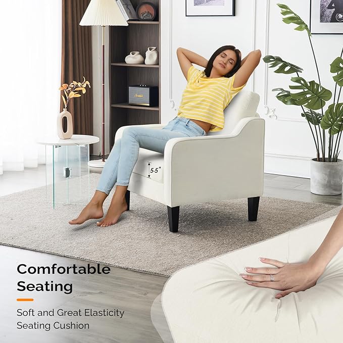 VINGLI Mid Century Modern Accent Chairs for Living Room, Cream White Comfy Reading Chair Soft Chenille Sofa Chairs Upholstered Side Armchair for Living Room, Bedroom, Apartment