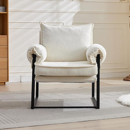 YISHENG Accent Chair with 6-Angle Adjustable Backrest, Chenille Fabric Living Room Chair Upholstered Lounge Chair, Modern Chair Cozy Reclining Chair for Reading Room, 1PC White