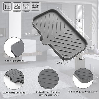 Silicone Bathroom Soap Dishes with Drain Spout-Bathroom and Kitchen Sink Organizer,Sponge Holder,Dish Soap Tray,Perfect for Dispenser,Scrubber,Bottle,Cup on Sink or Counter-Grey 9.6"×5.3"