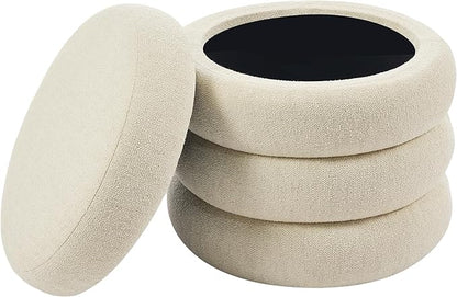 ONEVOG Round Storage Ottoman, 20" Small Ottomans Table with Removable Lid, Linen Fabric Soft Footrest Stools for Couch, Upholstered Stuffed Circle Seat for Living Room/Bedroom/Dorm/Vanity, Beige