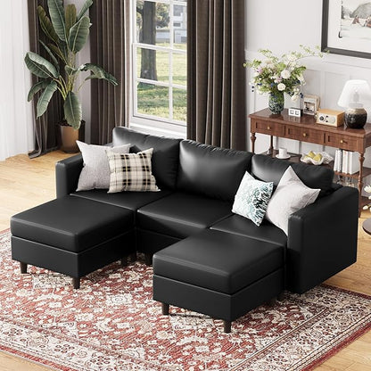 91.5" Faux Leather U Shaped Modular Sectional Sofa, 5 Seater Couch with Movable Ottoman Deep Seat and Storage Seat with Removable Cover for Living Room, Apartment - Black