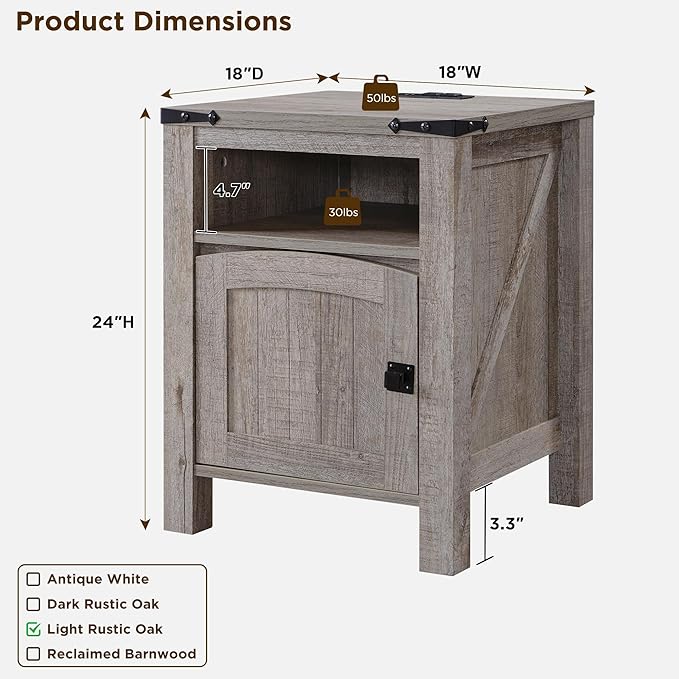 OKD Farmhouse End Table with Charging Station, 18" Rustic Nightstand with Adjustable Storage Shelf, Wood Rustic Wood Sofa Side Table for Bedroom