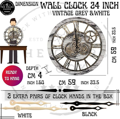 The Gears Clock The Original Real Moving Gear Wall Clock Vintage Industrial Oversized Rustic Farmhouse (24 inch (60cm), Vintage Grey and White)
