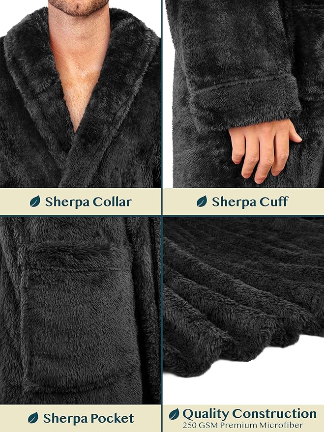 PAVILIA Mens Soft Robe, Plush Fluffy Fleece Bathrobe Men, Long Sherpa Shaggy Spa Robe