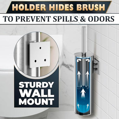 Silver Modern Toilet Brush and Holder Set with Wall Mount - Stainless Steel Toilet Brush with Holder - Removable Inner Bowl, Shiny Design, Splash Protection & Dense Bristles for Bathroom Cleaning