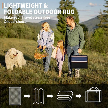 Outdoor Patio Rug 9x12 Stain-Resistant Reversible Camping Mat, Modern Striped Outdoor Plastic Straw Rug, Waterproof Outside Carpet, Easy to Clean for RV, Porch, Deck, Balcony, Red Blue White