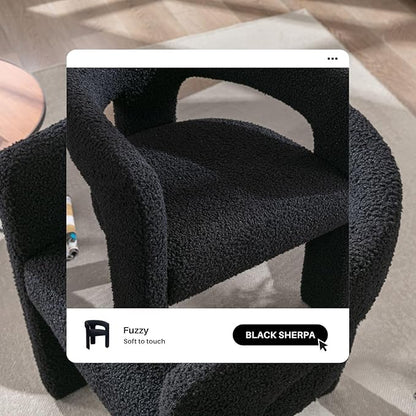 Black Sherpa Dining Chairs Set of 2, Modern Barrel Dining Room Chairs Upholstered Faux Fur Accent Chair with Arms and Round Back for Living Room Kitchen Armchair No Assembly Needed