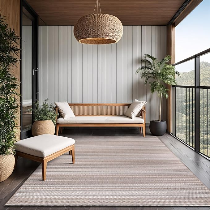 Stripe Outdoor Rug 6x9 Washable Outside Carpet for Indoor Patio Porch Waterproof Easy Cleaning Non Shedding Area Rugs Beige 6 x 9