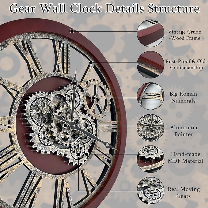 HOIBAI Farmhouse Vintage Industrial Oversized Wall Clock - 24 in (60cm) Moving Gear Wall Clock for Living Room Decor