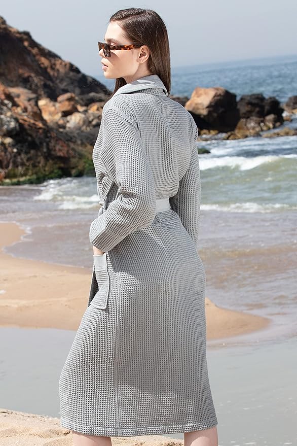 Women’s Luxury Waffle Shawl Collar, Hooded Robe w Piping – Lightweight, Long, Ultra Soft Spa Sleepwear Bathrobe