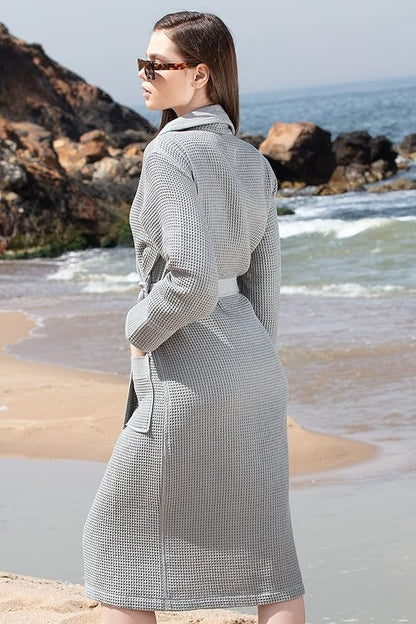 Women’s Luxury Waffle Shawl Collar, Hooded Robe w Piping – Lightweight, Long, Ultra Soft Spa Sleepwear Bathrobe