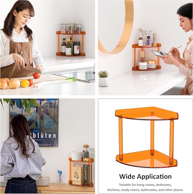 2 Tier Countertop Corner Organizer Shelf 7x7x8 Inch, Orange Acrylic Bathroom Corner Shelf for Countertop, Vanity Storage for Skincare, Cosmetics, Perfume