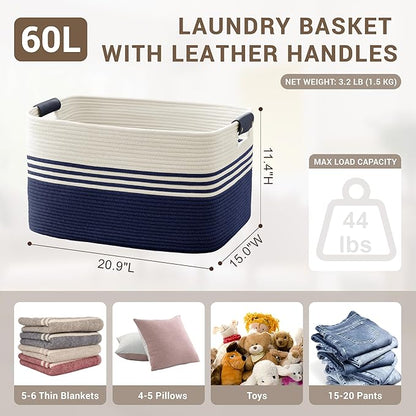 60L Large Laundry Basket with Leather Handles for Living Room Storage, Woven Rope Baskets Bin for Blanket, Kids Toy, Gifts, Wicker Hamper for Bedroom Dirty Clothes, 21"x15"x11" White Navy