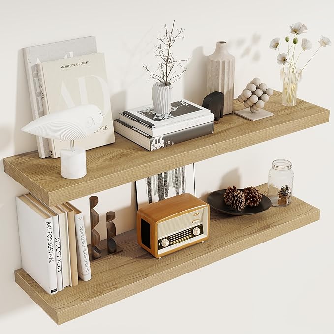 40 Inch Floating Shelves Set of 2, 8 Inch Deep Wall Shelf, Rustic Wood Storage Shelves for Bedroom, Kitchen, Bathroom, Wall-Mounted Shelf with Invisible Brackets for Books|Storage|Decor, Oak