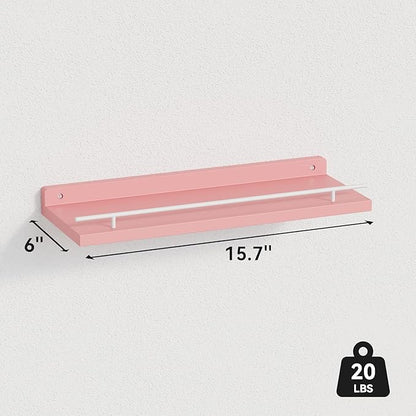 WOPITUES Floating Shelves with Metal Guardrail, Shelves for Wall Decor Set of 3, Wall Shelves for Bedroom, Bathroom, Kitchen, Living Room, Plants, Picture Frames, Art-Pink