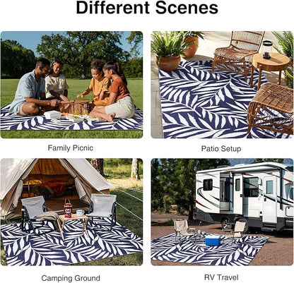 OLANLY Waterproof Outdoor Rug 5x8 ft, Reversible Outdoor Plastic Straw Rug with Leaf Pattern, RV Mat, Indoor Outdoor Carpet for Patio, Camping, Balcony, Deck, Backyard, Navy & White