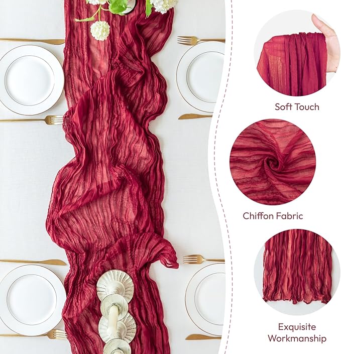 Sioloc Burgundy Red Cheesecloth Table Runner Fall Autumn Decor for Home 10ft Table Cloth for Wedding Birthday Party Bridal Shower Christmas Halloween Thanksgiving