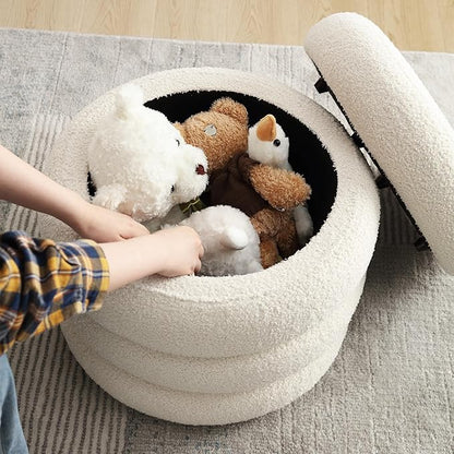 ONEVOG 20" Round Storage Ottoman with Removable Lid, Off-White Boucle Fabric Footrest Pouf, Sherpa Tufted Small Coffee Table Vanity Ottoman Foot Stools for Living Room Couch, Bedroom, Dorm, Nursery