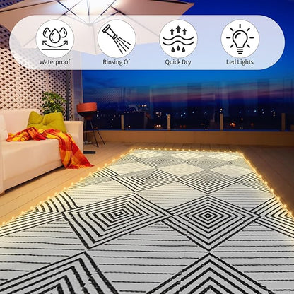 8x10ft Waterproof Outdoor Rug with LED Lights, Foldable Reversible Plastic Straw Mat for Patio RV Camping Picnic Balcony Beach Deck Indoor Outdoor Carpet, Black&White