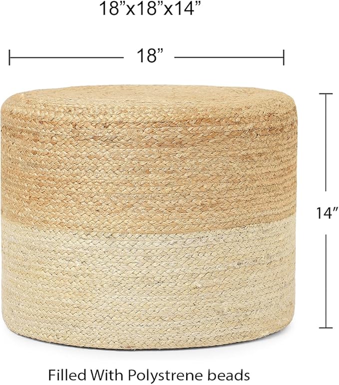 REDEARTH · Cylindrical Pouf Foot Stool Ottoman - Jute Braided Pouffe Poof Accent Sitting Footrest for Living Room, Bedroom, Nursery, Patio, Lounge & Other Rooms (Natural Ivory, 18"x18"x14")