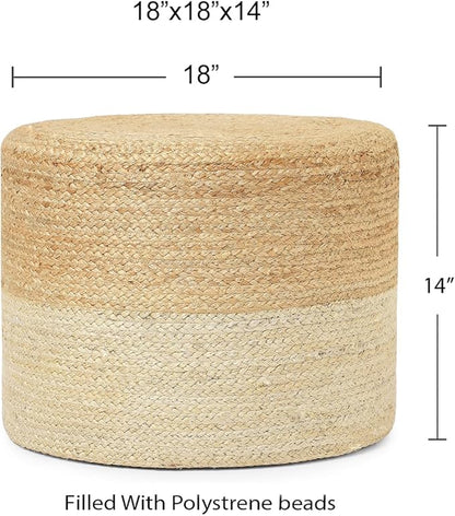 REDEARTH · Cylindrical Pouf Foot Stool Ottoman - Jute Braided Pouffe Poof Accent Sitting Footrest for Living Room, Bedroom, Nursery, Patio, Lounge & Other Rooms (Natural Ivory, 18"x18"x14")