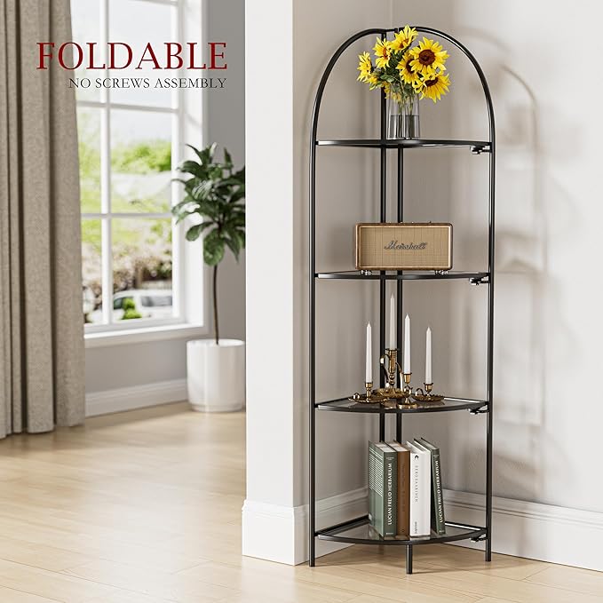 Crofy Foldable 4 Tier Corner Shelf, Metal Corner Plant Stand with Black Frame and Transparent Shelves, Corner Display Rack Multipurpose Shelving Unit for Living Room, Bedroom, Bathroom