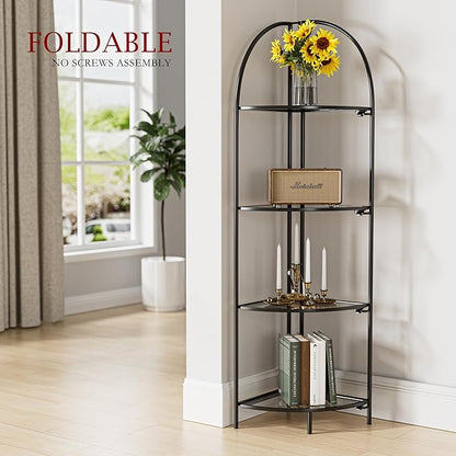 Crofy Foldable 4 Tier Corner Shelf, Metal Corner Plant Stand with Black Frame and Transparent Shelves, Corner Display Rack Multipurpose Shelving Unit for Living Room, Bedroom, Bathroom