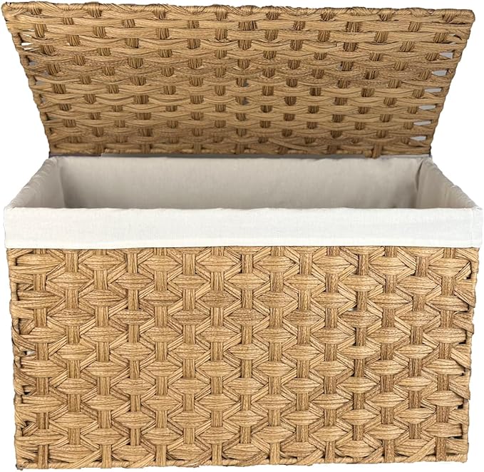 Wicker Storage Basket with Lid, 42.3 Gallon (160L) Large Blanket Basket with Lid, Woven Storage Bin with Handles, Removable Liner, Metal Frame, Foldable, for Bedroom, Laundry Room, Natural