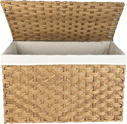 Wicker Storage Basket with Lid, 42.3 Gallon (160L) Large Blanket Basket with Lid, Woven Storage Bin with Handles, Removable Liner, Metal Frame, Foldable, for Bedroom, Laundry Room, Natural