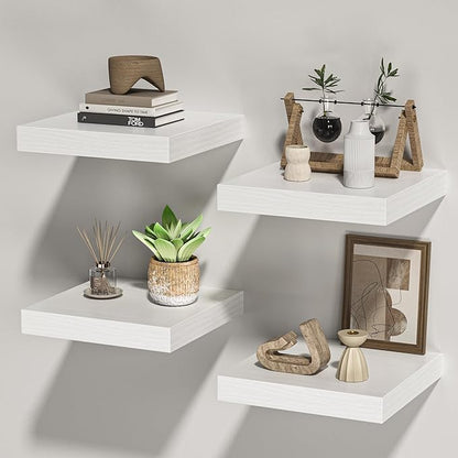 Square Floating Shelves for Wall, 10" W x 10" D x 1.2" H, Small Wooden Wall Mounted Display Shelves with Invisible Brackets for Living Room, Bedroom, Bathroom, Kitchen Decor, Set of 4, White