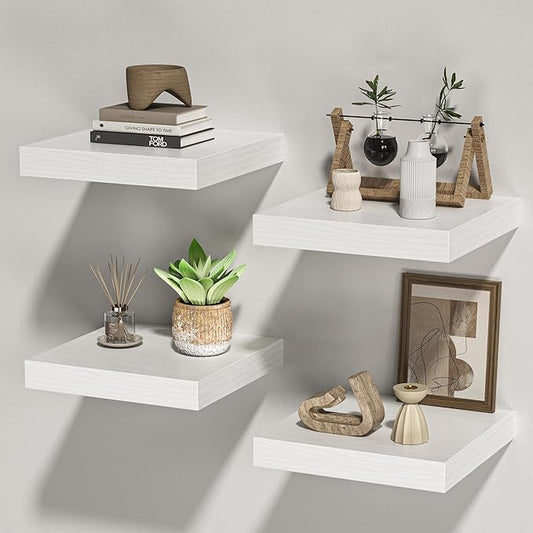 Square Floating Shelves for Wall, 10" W x 10" D x 1.2" H, Small Wooden Wall Mounted Display Shelves with Invisible Brackets for Living Room, Bedroom, Bathroom, Kitchen Decor, Set of 4, White