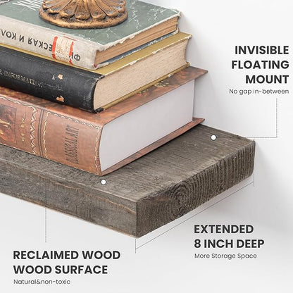 72 inch Floating Shelves for Wall, 8" Deep Rustic Reclaimed Barnwood Shelves, Floating Shelf Wall Hanging Shelves with Invisible Heavy-Duty Metal Bracket | Wall Mounted | Farmhouse Style, 1PC,Grey