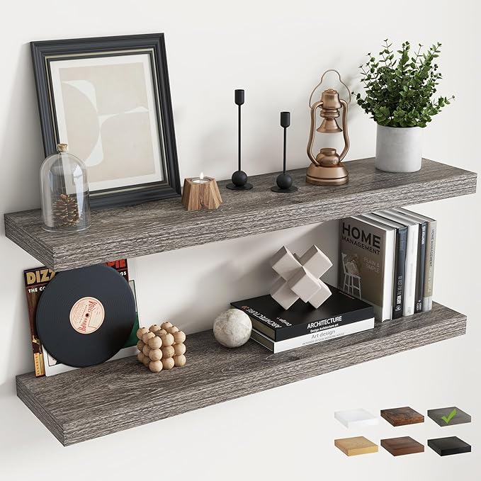 40 Inch Floating Shelves for Wall Set of 2, 8"D Wood Grain Bathroom Shelves with Invisible Brackets, Easy Install Engineered Wood Storage Shelves for Kitchen, Living Room, Bedroom, Grey Oak Finish