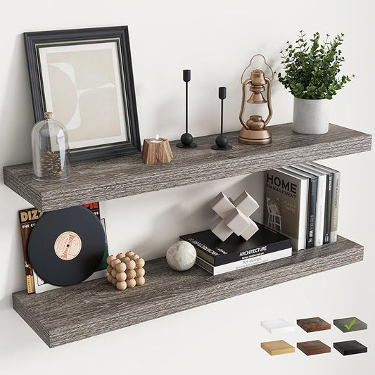 40 Inch Floating Shelves for Wall Set of 2, 8"D Wood Grain Bathroom Shelves with Invisible Brackets, Easy Install Engineered Wood Storage Shelves for Kitchen, Living Room, Bedroom, Grey Oak Finish