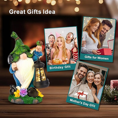 Solar Gnome Garden Figurine Yard Lights with Solar Lights Lantern & Shovel - Outdoor Yard Art Lawn Ornaments for Porch Patio Balcony - Gnome Gifts for Women Mom