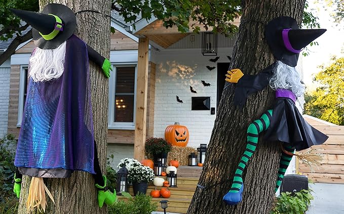 POPGIFTU 63" Crashing Witch Halloween Decoration – Flying Witch on Broom Into Tree Outdoor Yard Prop for Porch, Lawn, Garden, Pillars, Door, or Haunted House Decor