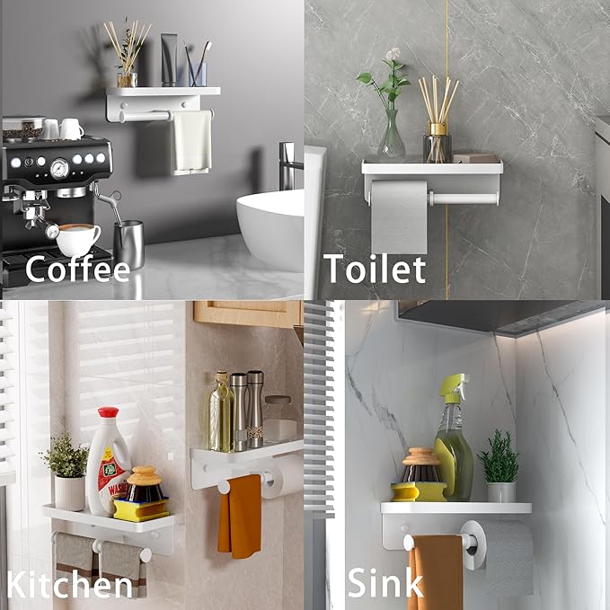 Double Toilet Paper Holder with Shelf, iMonse Paper Towel Holder Wall Mount,Tissue Roll Holder for Bathroom Kitchen RV, Double Tissue Roll Rack with Adhesive & Screw (White)