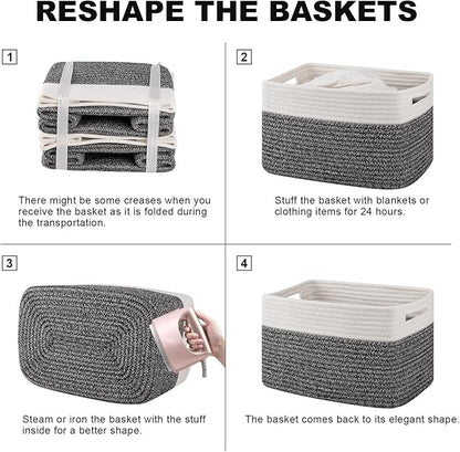 4 Pack Storage Baskets for Organizing, Woven Baskets for Shelves - Perfect for Toys, Books, Towels, and Clothes, Durable Gift Basket Bins Toy Storage, 13''Lx9''Wx7.8''H, Black & White