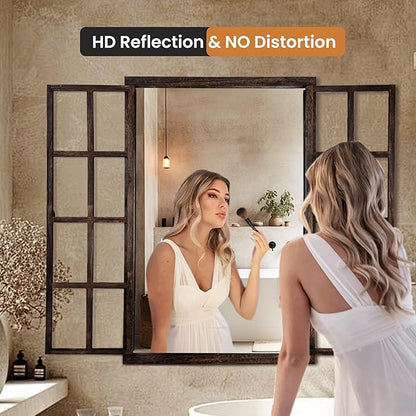 Wall Mirror with Window Design, 38"x26" Rustic Farmhouse Wood Mirror for Wall Decor, Decorative Vintage Mirror for Living Room, Bedroom, Entryway