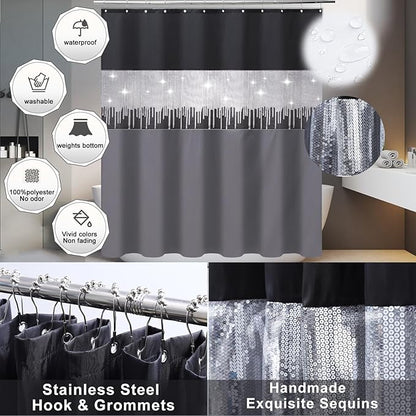 Bathroom Accessories Set with Glitter Shower Curtain and Bath Mats, 24 Piece Grey Shower Curtain Set,Bathroom Accessories Set Complete for Home Decor