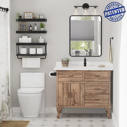 QEEIG Bathroom Floating Shelves Over Toilet - Wall Mounted Shelf Toilet Paper Storage Farmhouse 16 inch Set of 3, Black (027-40B3)