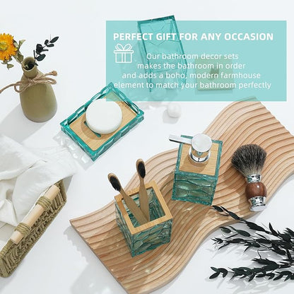 Teal Blue Beach Bathroom Accessories Set, Toothbrush Holder, Soap Dispenser, Cotton Swabs Holder, Soap Dish, Toilet Brush with Holder, Boho Bamboo Bathroom Decor,Acrylic (Teal)